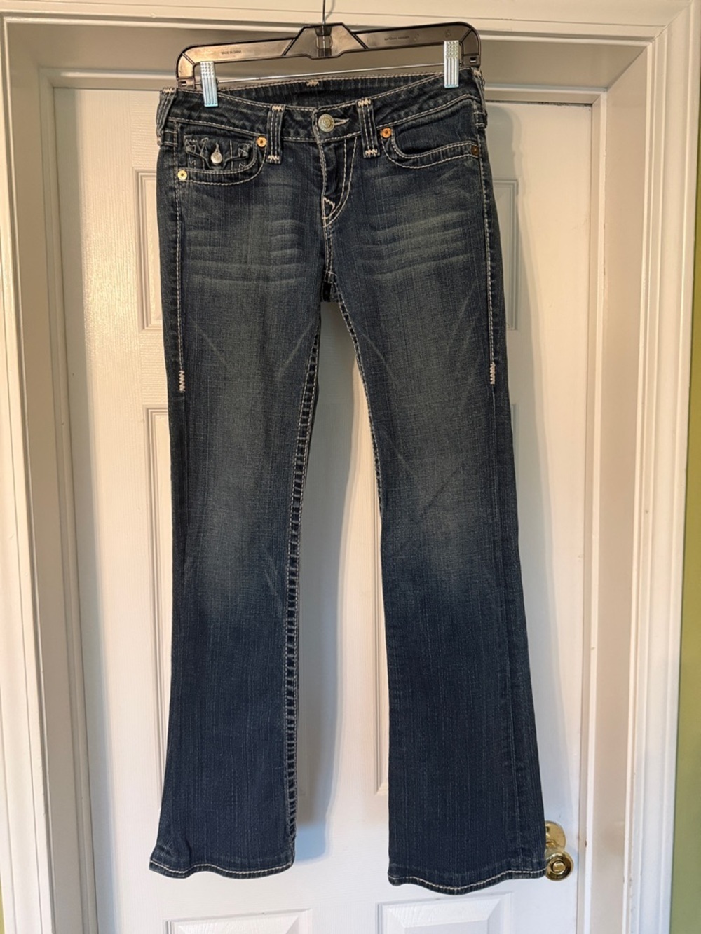 True Religion Becky Bootcut Jeans 29 Made in USA Y2K Flap Pocket Dark Wash